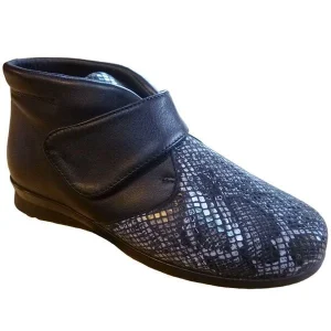 Botín mujer con velcro, hecho en España, piel/serpiente, planta piel y forro tela y piso semicuña de goma Palillos Negro 1222